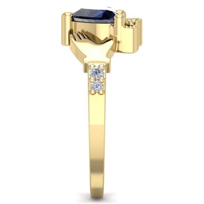 1 1/5 Carat Heart Shape Sapphire and Diamond Claddagh Ring In 14 Karat Yellow Gold