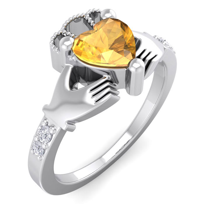 3/4 Carat Heart Shape Citrine and Diamond Claddagh Ring In 14 Karat White Gold