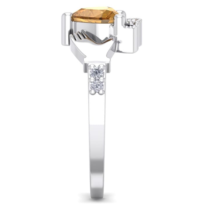 3/4 Carat Heart Shape Citrine and Diamond Claddagh Ring In 14 Karat White Gold