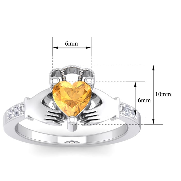 3/4 Carat Heart Shape Citrine and Diamond Claddagh Ring In 14 Karat White Gold