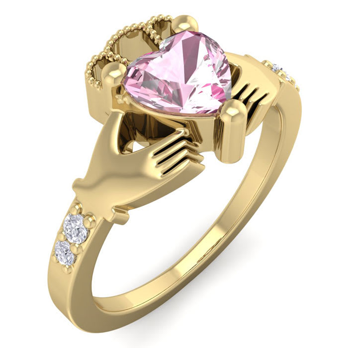 Pink Gemstones 1 Carat Heart Shape Pink Topaz and Diamond Claddagh Ring In 14 Karat Yellow Gold