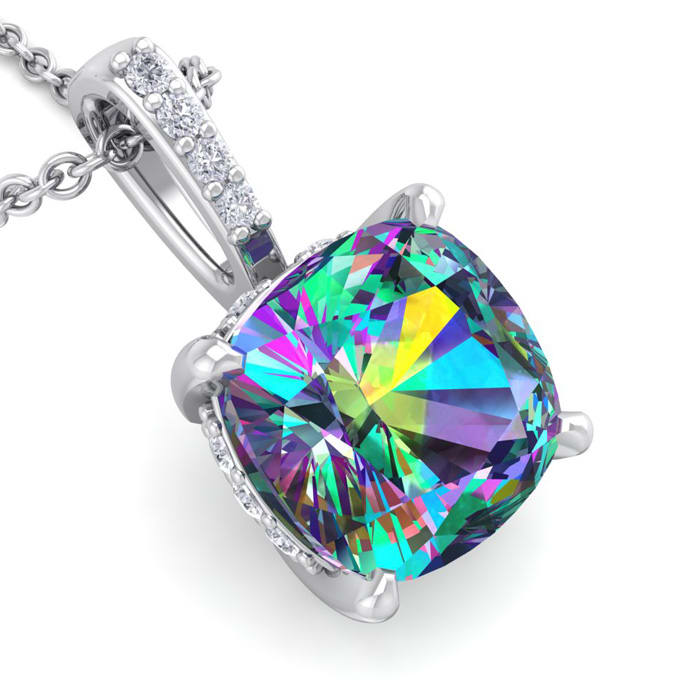 1-1/4 Carat Cushion Shape Mystic Topaz and Hidden Diamond Halo In 14 Karat White Gold, 18 Inches