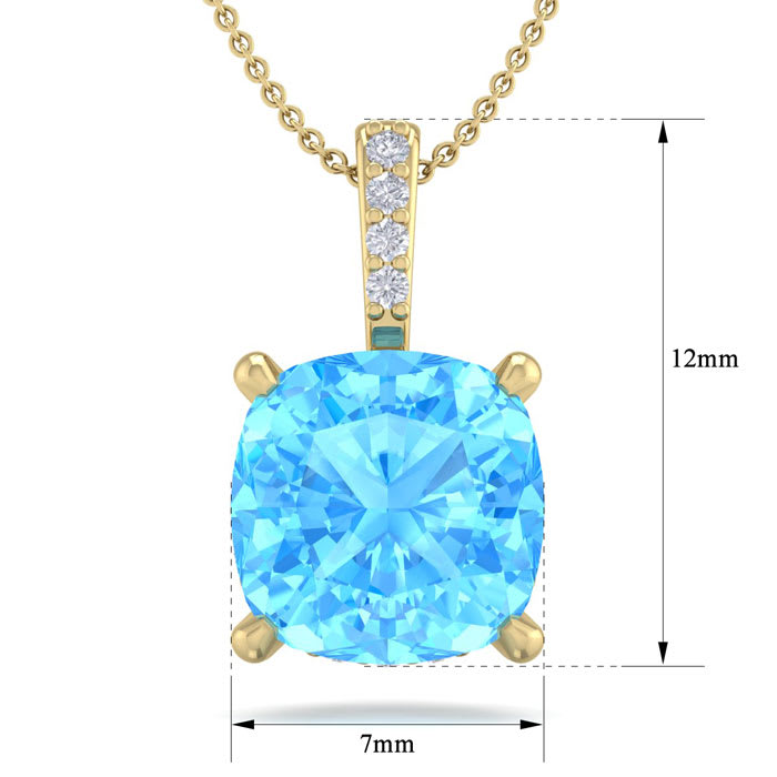 1 1/5 Carat Cushion Cut Blue Topaz and Hidden Halo Diamond Necklace In 14 Karat Yellow Gold, 18 Inches