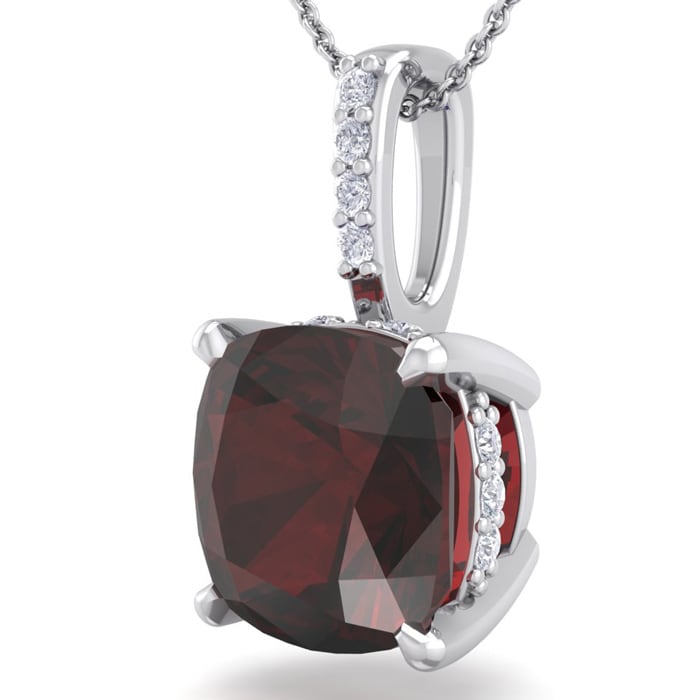 Garnet Necklace: Garnet Jewelry: 1 1/10 Carat Cushion Cut Garnet and Hidden Halo Diamond Necklace In 14 Karat White Gold, 18 Inches