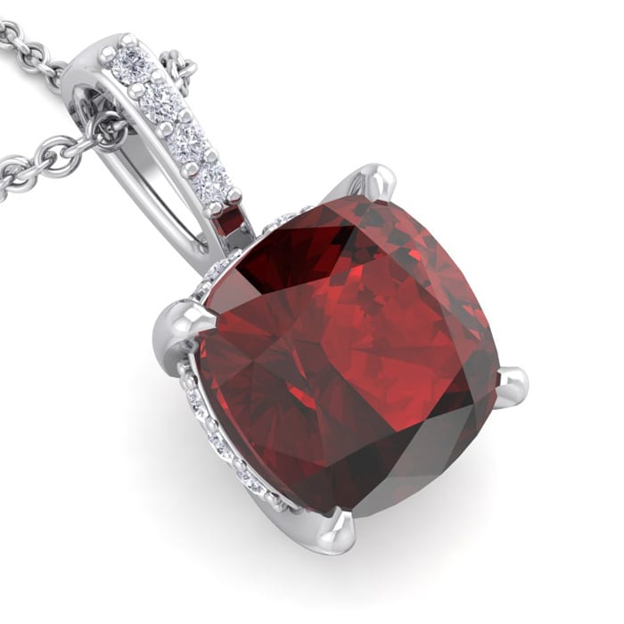 Garnet Necklace: Garnet Jewelry: 1 1/10 Carat Cushion Cut Garnet and Hidden Halo Diamond Necklace In 14 Karat White Gold, 18 Inches