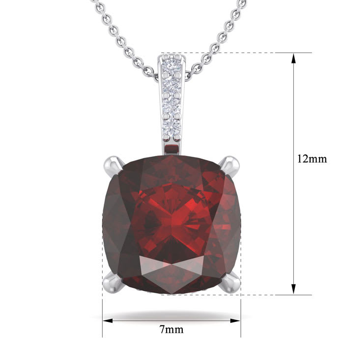 Garnet Necklace: Garnet Jewelry: 1 1/10 Carat Cushion Cut Garnet and Hidden Halo Diamond Necklace In 14 Karat White Gold, 18 Inches