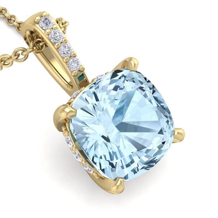 Aquamarine Necklace: Aquamarine Jewelry: 3/4 Carat Cushion Cut Aquamarine and Hidden Halo Diamond Necklace In 14 Karat Yellow Gold, 18 Inches