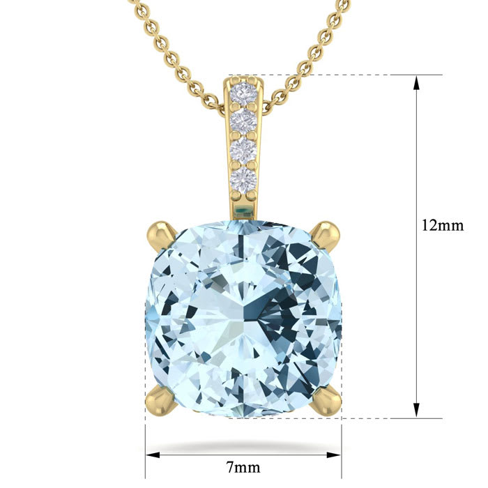 Aquamarine Necklace: Aquamarine Jewelry: 3/4 Carat Cushion Cut Aquamarine and Hidden Halo Diamond Necklace In 14 Karat Yellow Gold, 18 Inches