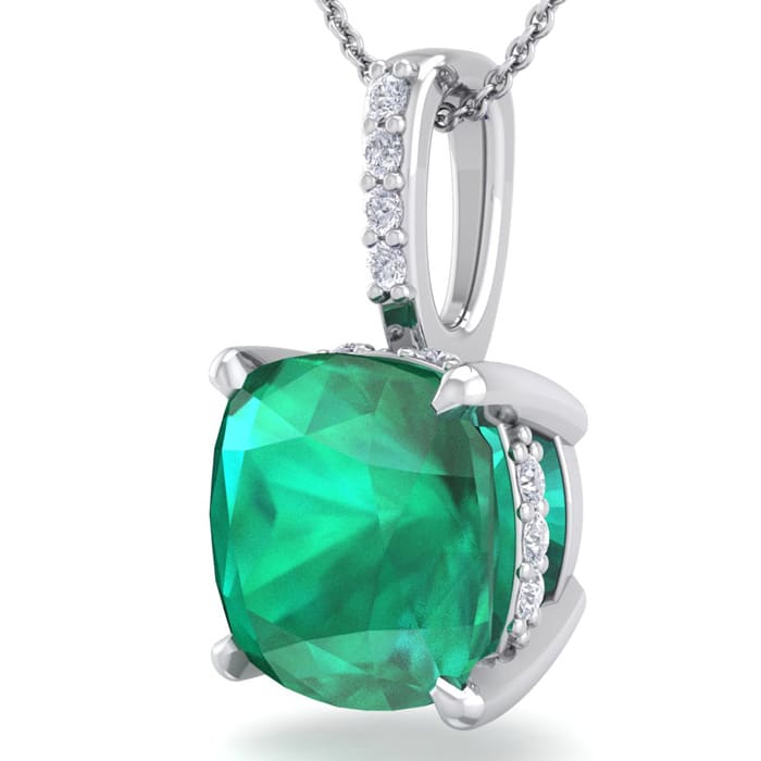 1-1/10 Carat Cushion Shape Emerald Necklaces With Hidden Diamond Halo In 14 Karat White Gold, 18 Inch Chain