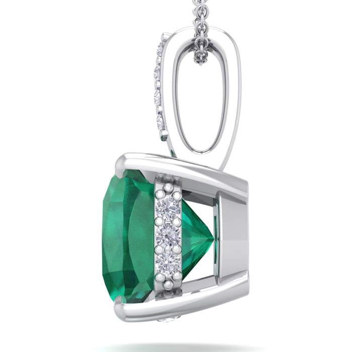 1-1/10 Carat Cushion Shape Emerald Necklaces With Hidden Diamond Halo In 14 Karat White Gold, 18 Inch Chain