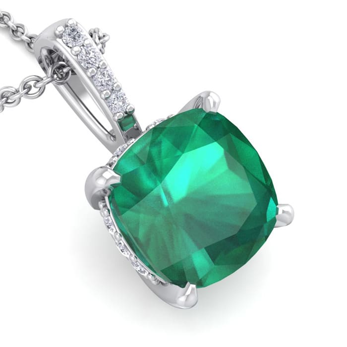 1-1/10 Carat Cushion Shape Emerald Necklaces With Hidden Diamond Halo In 14 Karat White Gold, 18 Inch Chain