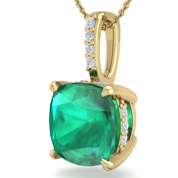 1-1/10 Carat Cushion Shape Emerald Necklaces With Hidden Diamond Halo In 14 Karat Yellow Gold, 18 Inch Chain