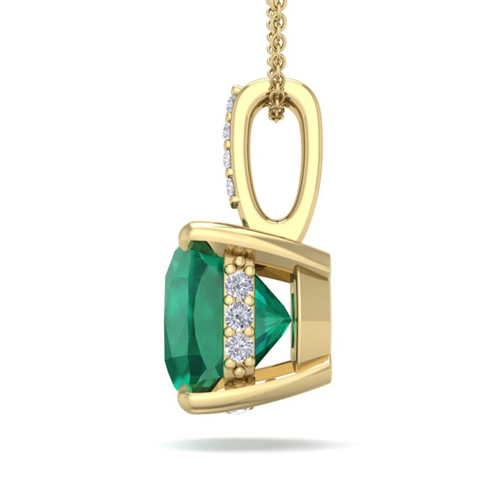 1-1/10 Carat Cushion Shape Emerald Necklaces With Hidden Diamond Halo In 14 Karat Yellow Gold, 18 Inch Chain