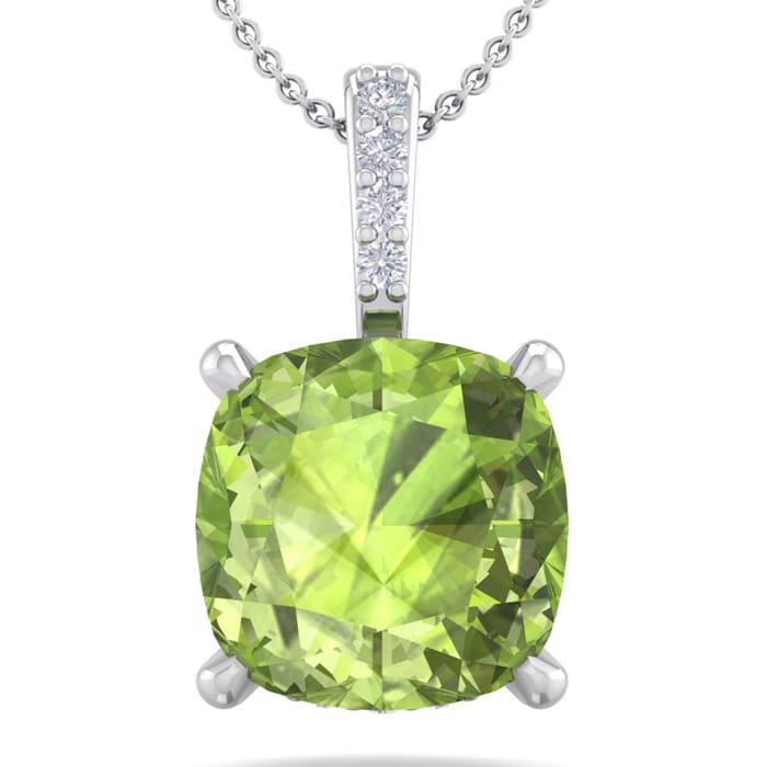 1 1/10 Carat Cushion Cut Peridot and Hidden Halo Diamond Necklace In 14 Karat White Gold, 18 Inches