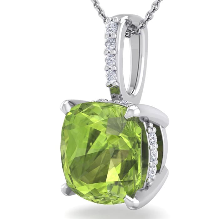 1 1/10 Carat Cushion Cut Peridot and Hidden Halo Diamond Necklace In 14 Karat White Gold, 18 Inches