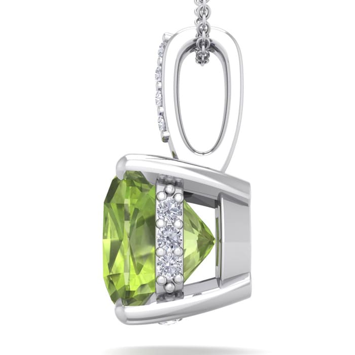 1 1/10 Carat Cushion Cut Peridot and Hidden Halo Diamond Necklace In 14 Karat White Gold, 18 Inches