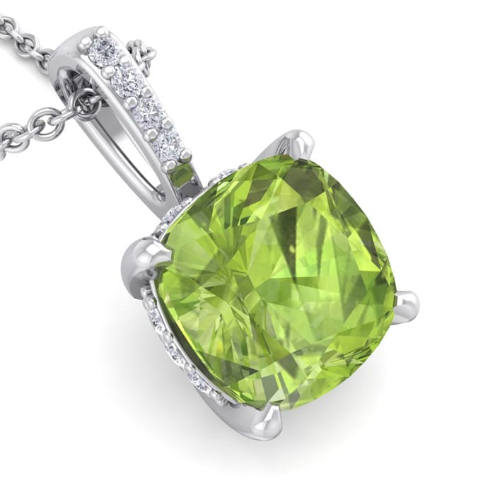 1 1/10 Carat Cushion Cut Peridot and Hidden Halo Diamond Necklace In 14 Karat White Gold, 18 Inches
