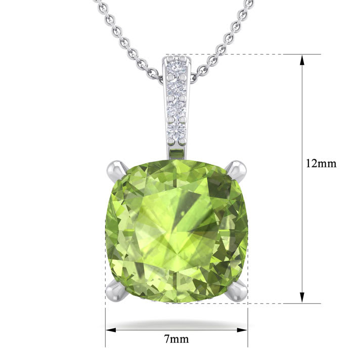 1 1/10 Carat Cushion Cut Peridot and Hidden Halo Diamond Necklace In 14 Karat White Gold, 18 Inches