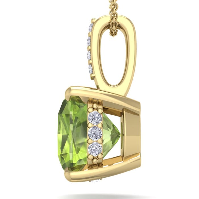 1 1/10 Carat Cushion Cut Peridot and Hidden Halo Diamond Necklace In 14 Karat Yellow Gold, 18 Inches