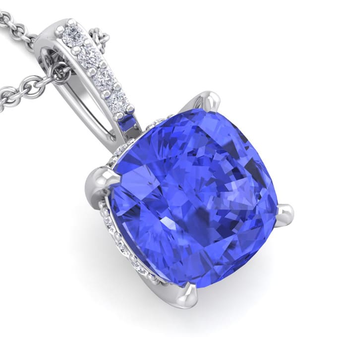 1 Carat Cushion Cut Tanzanite and Hidden Halo Diamond Necklace In 14 Karat White Gold, 18 Inches