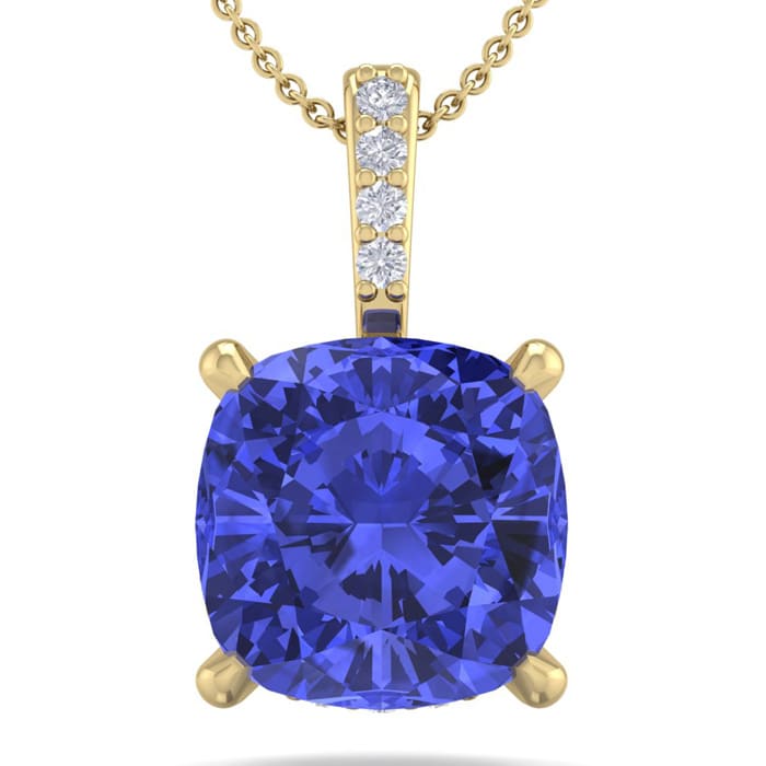 1 Carat Cushion Cut Tanzanite and Hidden Halo Diamond Necklace In 14 Karat Yellow Gold, 18 Inches