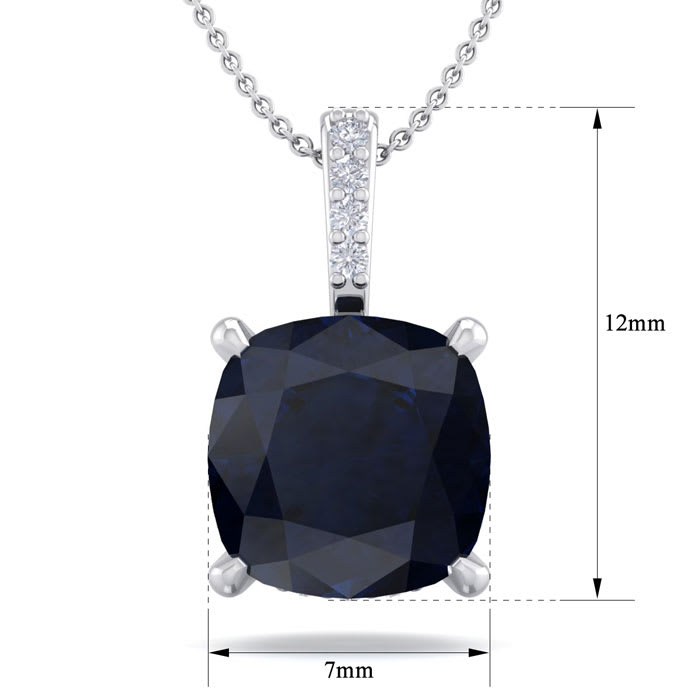 1 1/10 Carat Cushion Cut Sapphire and Hidden Halo Diamond Necklace In 14 Karat White Gold, 18 Inches