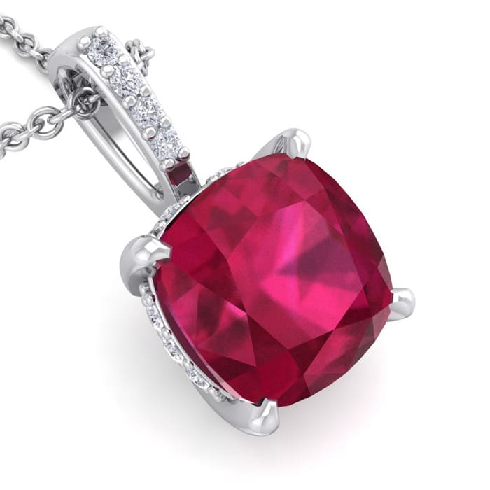 1 1/2 Carat Cushion Cut Ruby and Hidden Halo Diamond Necklace In 14 Karat White Gold, 18 Inches