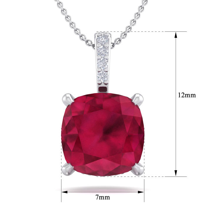 1 1/2 Carat Cushion Cut Ruby and Hidden Halo Diamond Necklace In 14 Karat White Gold, 18 Inches