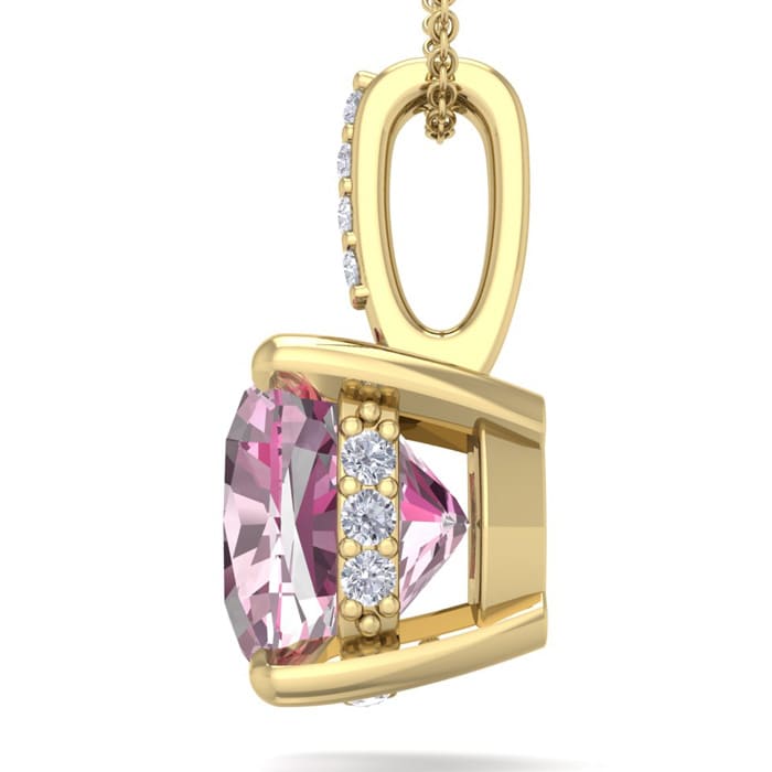 Pink Gemstones 1 1/5 Carat Cushion Cut Pink Topaz and Hidden Halo Diamond Necklace In 14 Karat Yellow Gold, 18 Inches