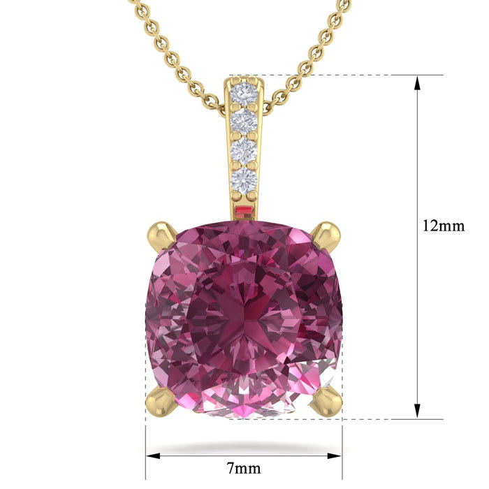 Pink Gemstones 1 1/5 Carat Cushion Cut Pink Topaz and Hidden Halo Diamond Necklace In 14 Karat Yellow Gold, 18 Inches