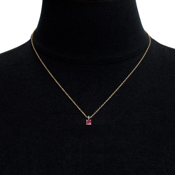Pink Gemstones 1 1/5 Carat Cushion Cut Pink Topaz and Hidden Halo Diamond Necklace In 14 Karat Yellow Gold, 18 Inches