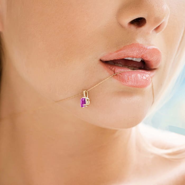 Pink Gemstones 1 1/5 Carat Cushion Cut Pink Topaz and Hidden Halo Diamond Necklace In 14 Karat Yellow Gold, 18 Inches