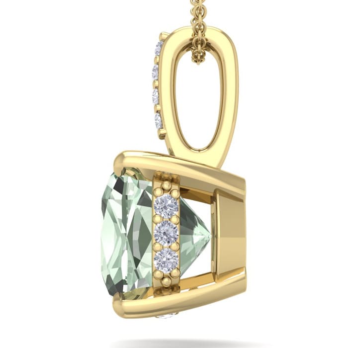 1 Carat Cushion Cut Green Amethyst and Hidden Halo Diamond Necklace In 14 Karat Yellow Gold, 18 Inches