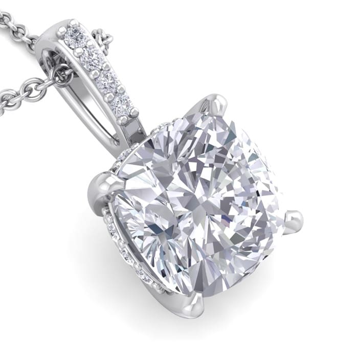 3/4 Carat Cushion Cut Hidden Halo Diamond Necklace In 14 Karat White Gold, 18 Inches
