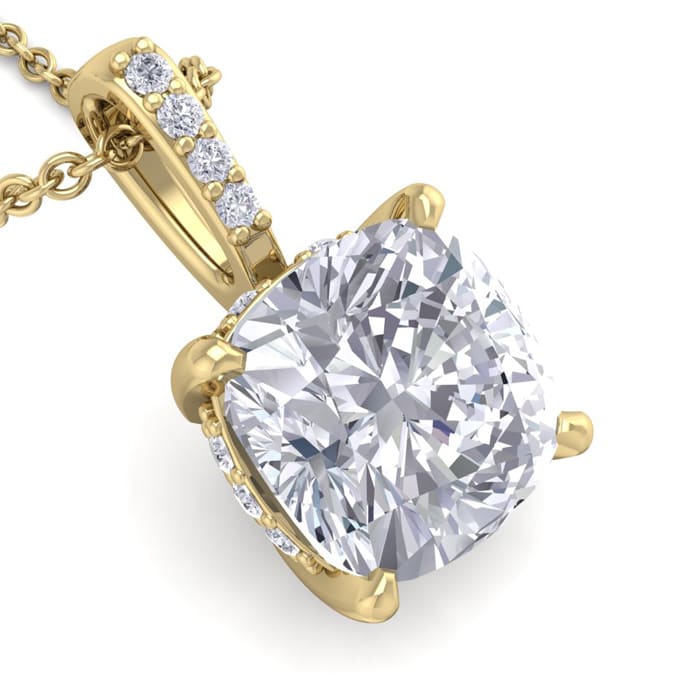 3/4 Carat Cushion Cut Hidden Halo Diamond Necklace In 14 Karat Yellow Gold, 18 Inches
