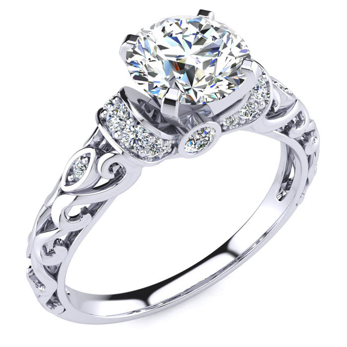 Moissanite Engagement Ring; 1 1/4 Carat Vintage Moissanite Engagement Ring In 14 Karat White Gold