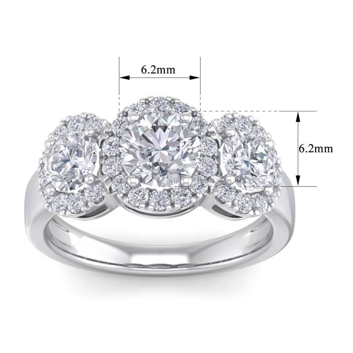 2 1/2 Carat Round Shape Halo Diamond Three Stone Ring In 14K White Gold