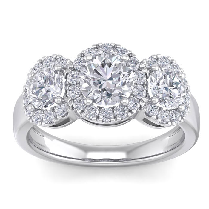 2 1/2 Carat Round Shape Halo Diamond Three Stone Ring In 14K White Gold. Incredible Value For A Large Fiery Diamond Ring