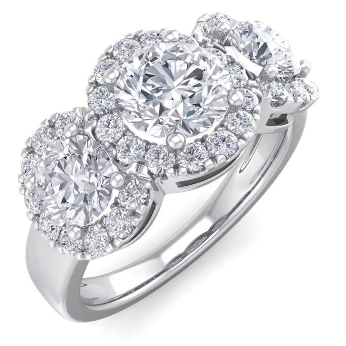 2 1/2 Carat Round Shape Halo Diamond Three Stone Ring In 14K White Gold. Incredible Value For A Large Fiery Diamond Ring