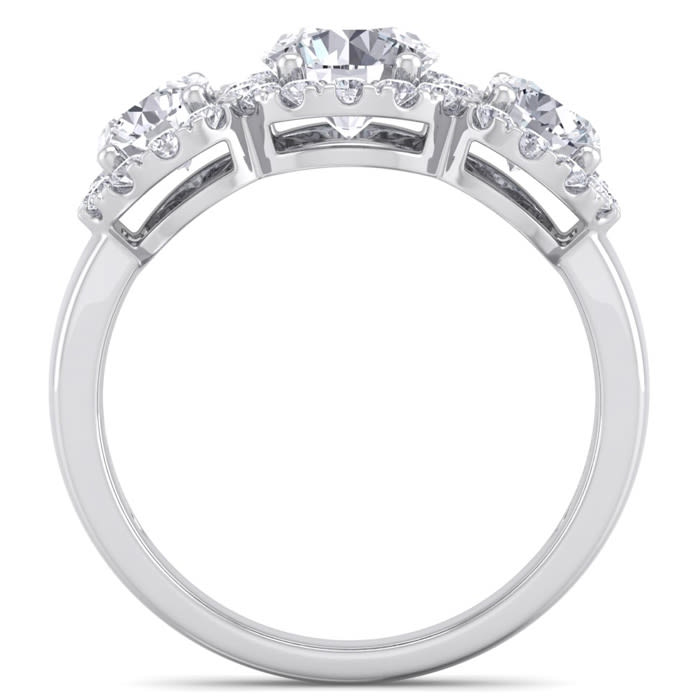 2 1/2 Carat Round Shape Halo Diamond Three Stone Ring In 14K White Gold. Incredible Value For A Large Fiery Diamond Ring