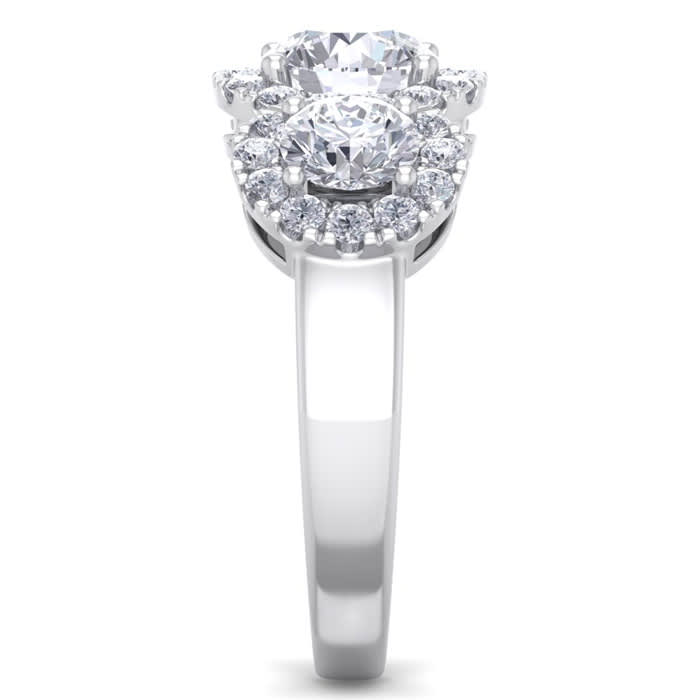 2 1/2 Carat Round Shape Halo Diamond Three Stone Ring In 14K White Gold. Incredible Value For A Large Fiery Diamond Ring