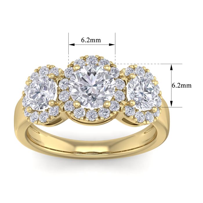 2 1/2 Carat Round Shape Halo Diamond Three Stone Ring In 14K Yellow Gold. Incredible Value For A Large Fiery Diamond Ring