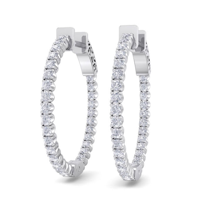1 Carat Diamond Hoop Earrings In 14 Karat White Gold, 3/4 Inch