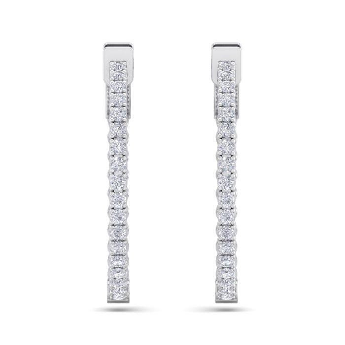 1 Carat Diamond Hoop Earrings In 14 Karat White Gold, 3/4 Inch