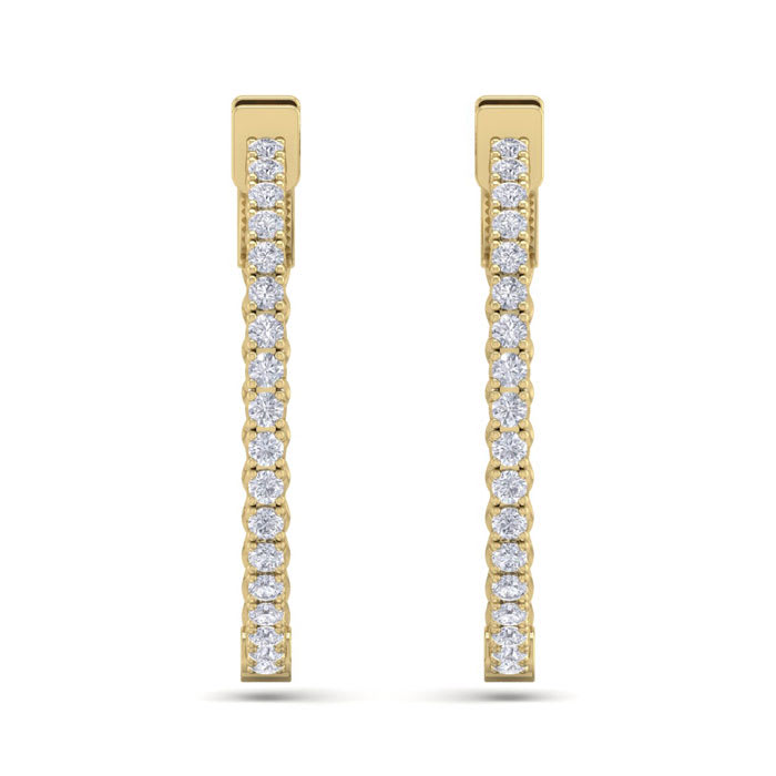 1 Carat Diamond Hoop Earrings In 14 Karat Yellow Gold, 3/4 Inch
