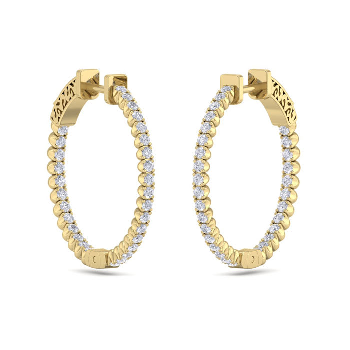 1 Carat Diamond Hoop Earrings In 14 Karat Yellow Gold, 3/4 Inch