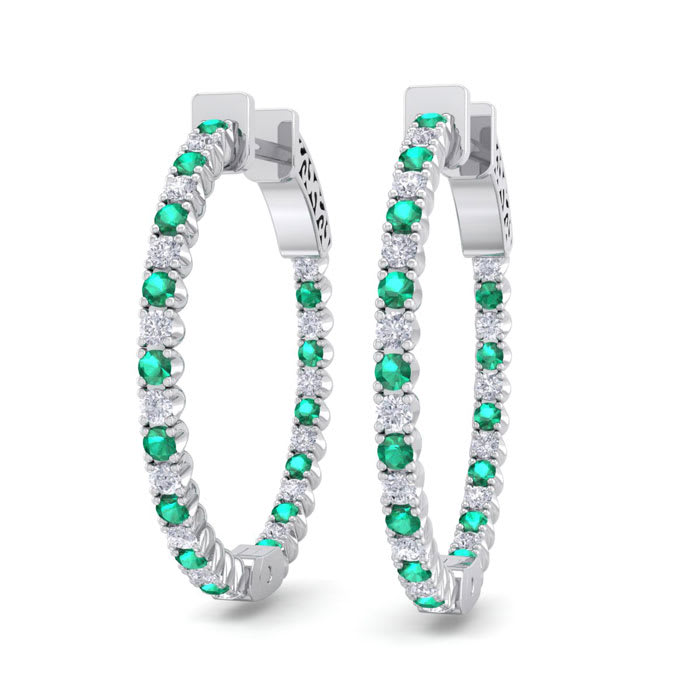 1 Carat Emerald and Diamond Hoop Earrings In 14 Karat White Gold, 3/4 Inch