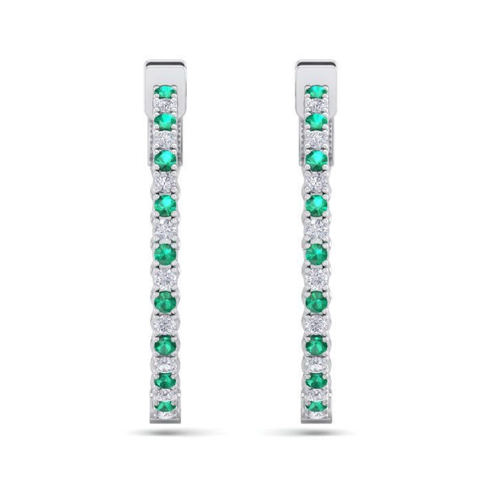 1 Carat Emerald and Diamond Hoop Earrings In 14 Karat White Gold, 3/4 Inch