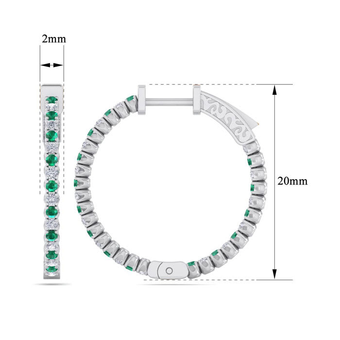 1 Carat Emerald and Diamond Hoop Earrings In 14 Karat White Gold, 3/4 Inch