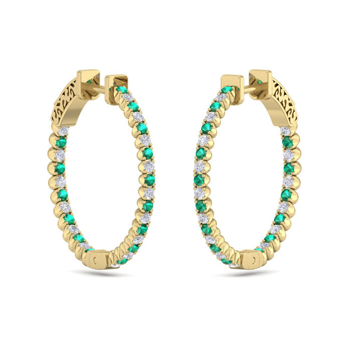 1 Carat Emerald and Diamond Hoop Earrings In 14 Karat Yellow Gold, 3/4 Inch